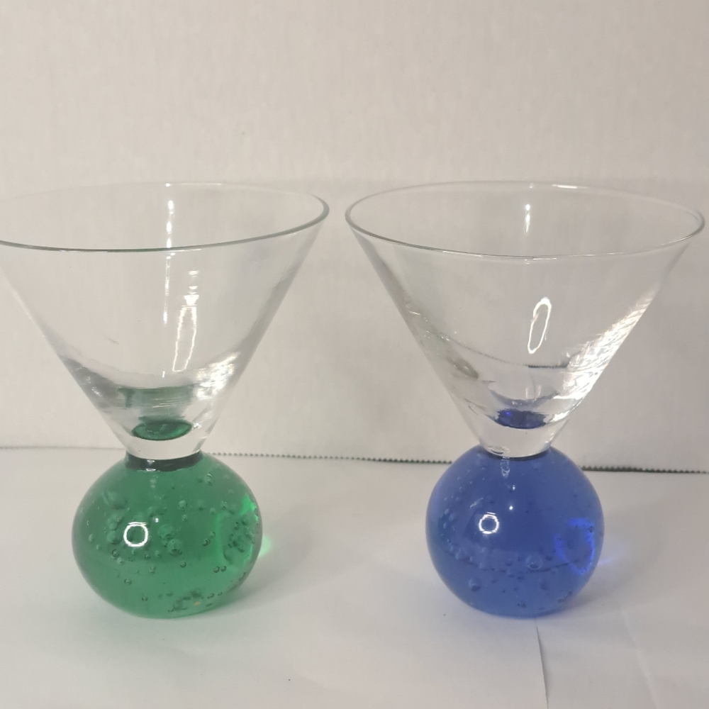 Two Martini Glasses, Controlled Bubble Base, Cocktail Glasses, Green and Blue.
